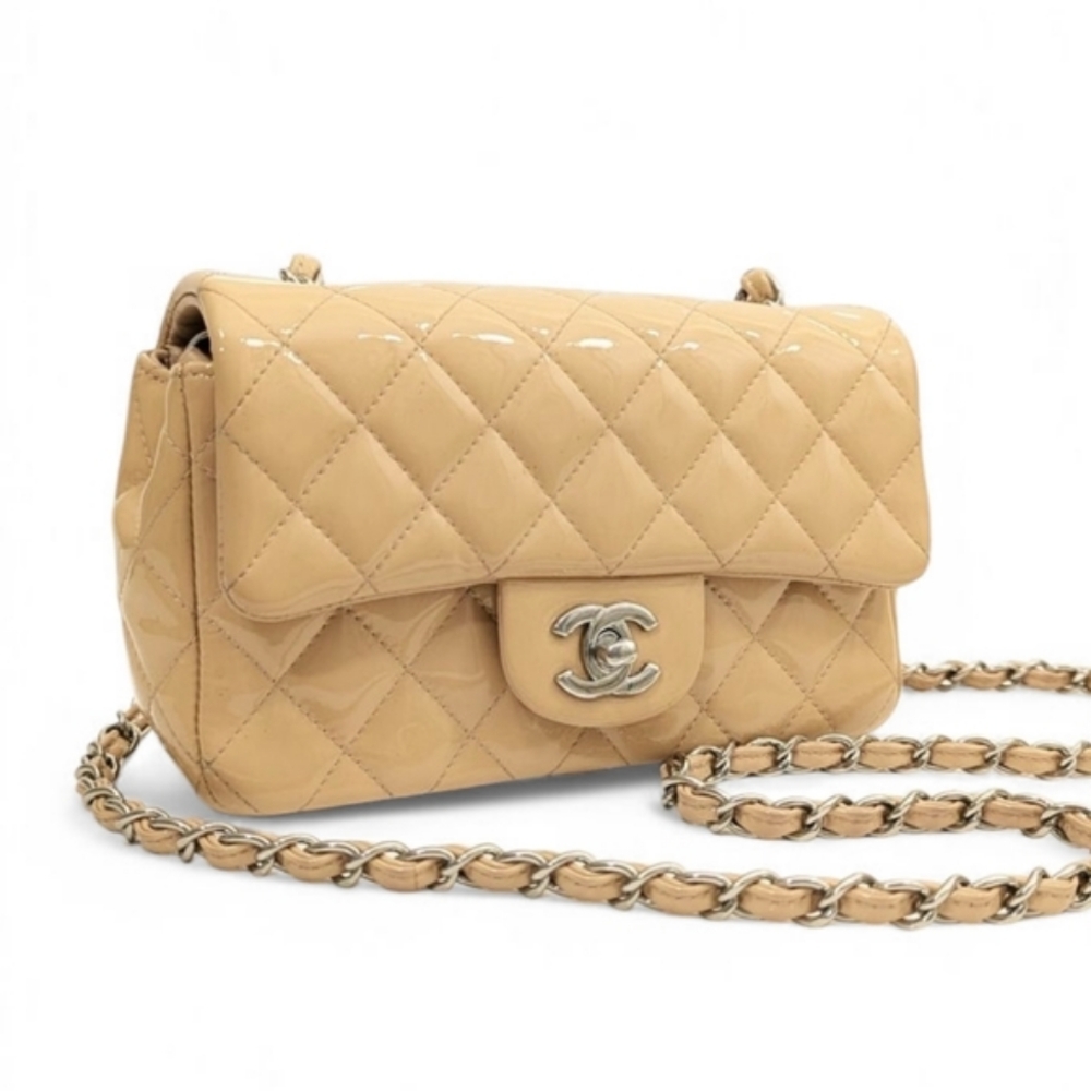 Chanel Classic Mini Rectangular Flap Bag Peach Beige Patent Leather - Picture 14 of 17